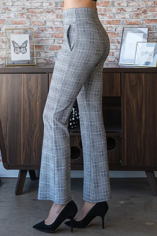Gray plaid flare pants side view, flared wide-leg silhouette