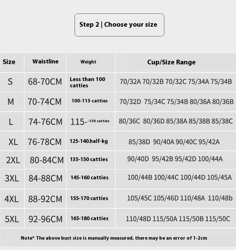 Sports bra size chart listing waistline, weight, and cup size range