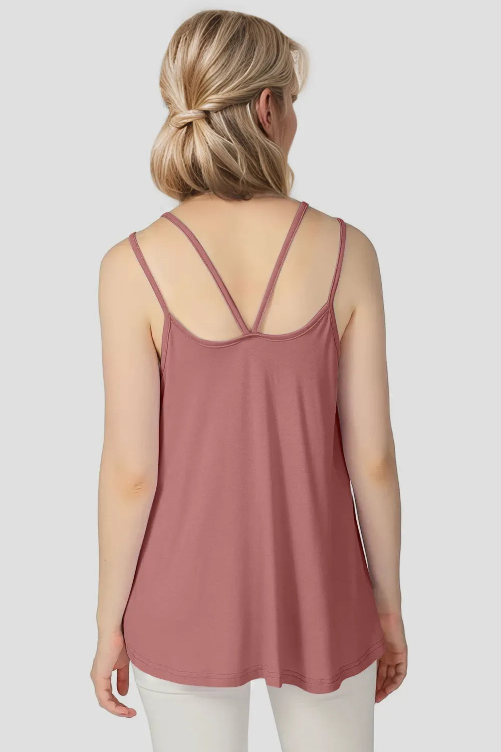 Bamboo scoop neck cami in dusty pink with double spaghetti straps—back view