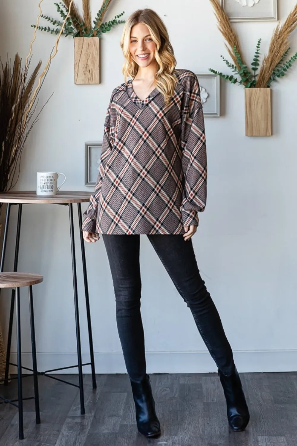 Mocha Multi plaid V-neck T-shirt, long sleeves and exposed seams, full body
