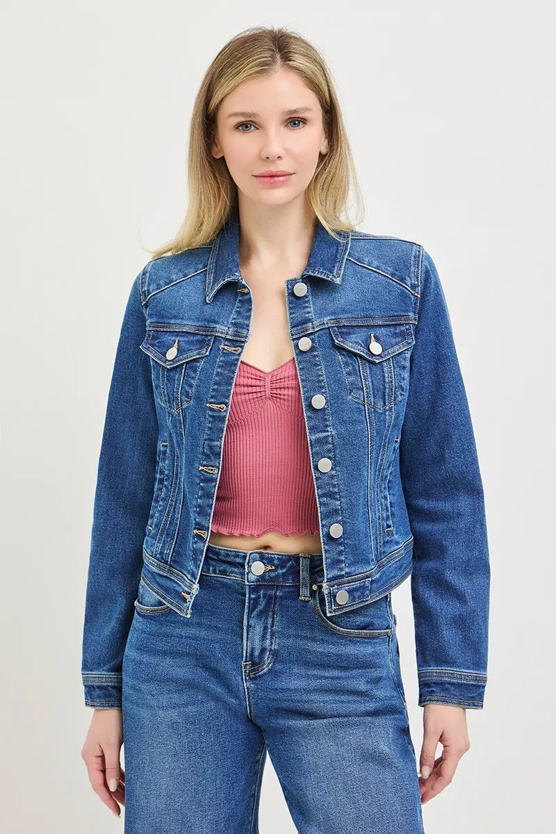 Medium-wash denim button-up jacket with chest flap pockets and silver buttons