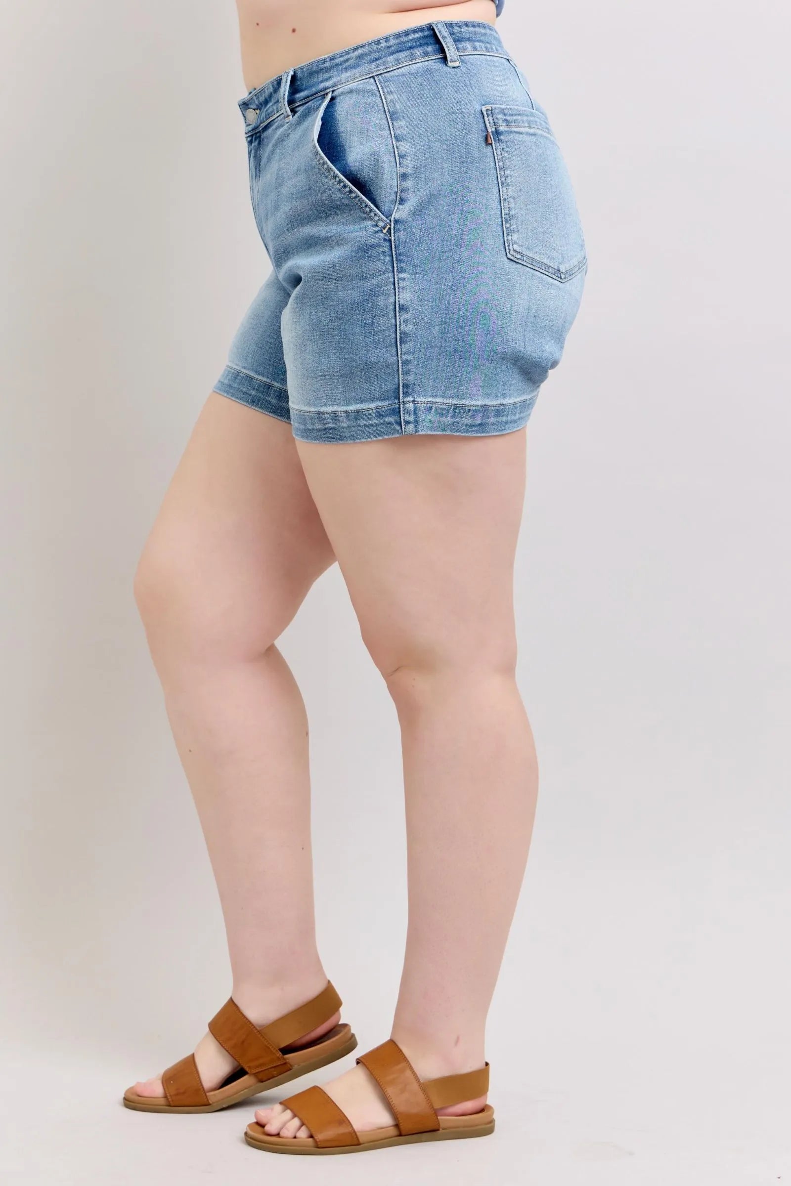 Medium-wash high-rise denim shorts, plus size, back pockets and belt loops