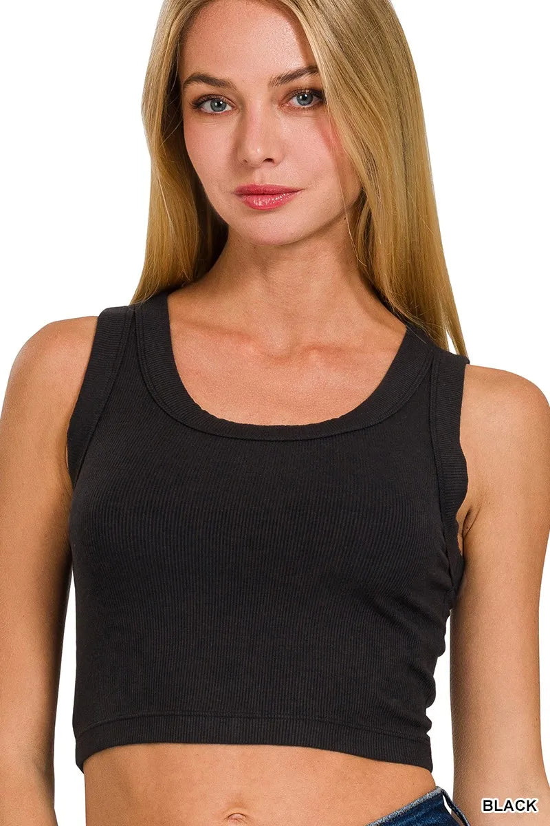 Ribbed cropped tank top in black with scoop neckline and sleeveless cut