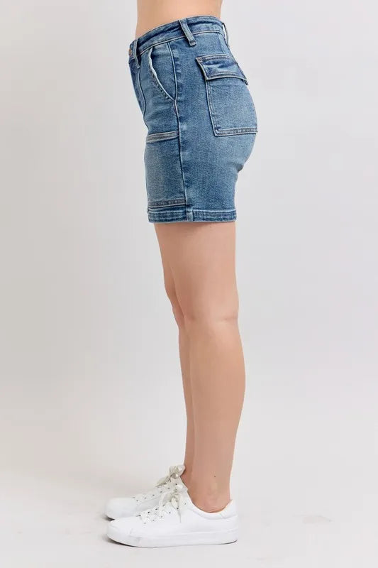 High Rise Denim Shorts Plus Size, Medium wash, side view with front patch pocket