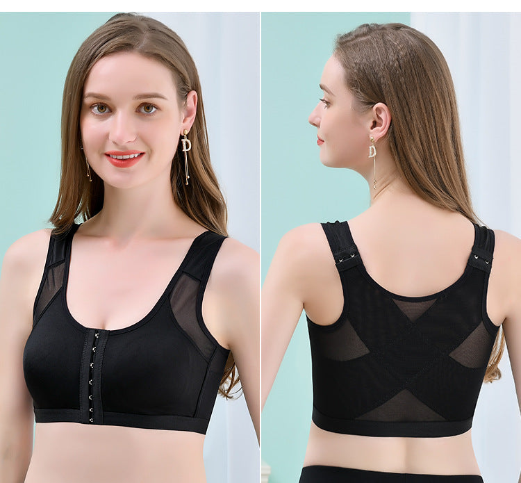 Black shockproof sports bra, front hook closure and racerback with sheer back panel