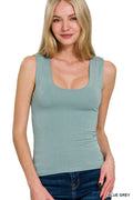 Zenana double-layer tank top, blue grey scoop neckline, close-up front