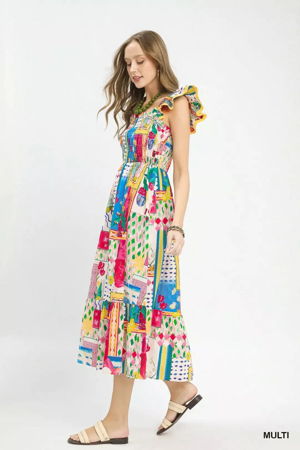 Abstract multicolor tiered midi dress with smocked waist and ruffled cap sleeves