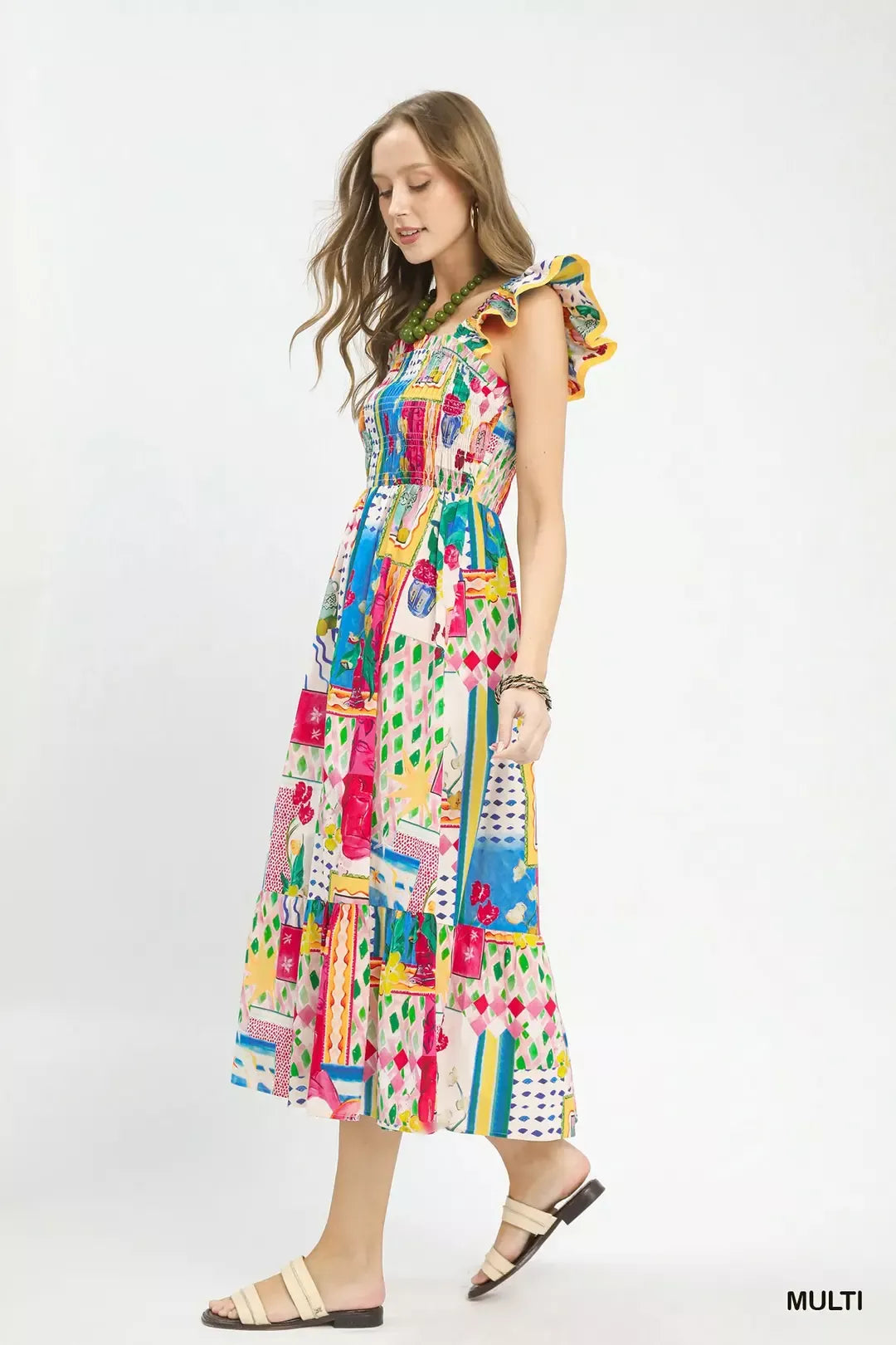Abstract multicolor tiered midi dress with smocked waist and ruffled cap sleeves