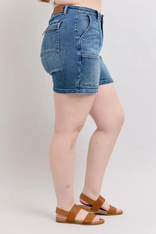 High Rise Denim Shorts Plus Size, Medium wash, side profile, cuffed hem