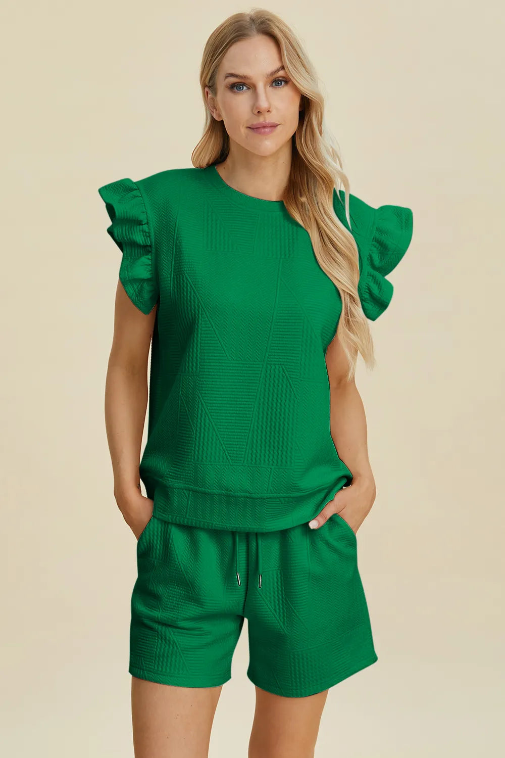 Dark green textured top & shorts set, round neck, ruffle sleeves
