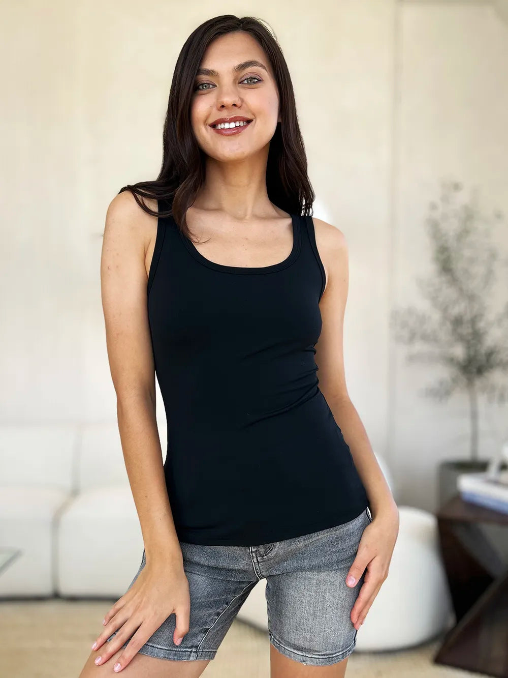 Black wide-strap square-neck tank top with crew-style neckline