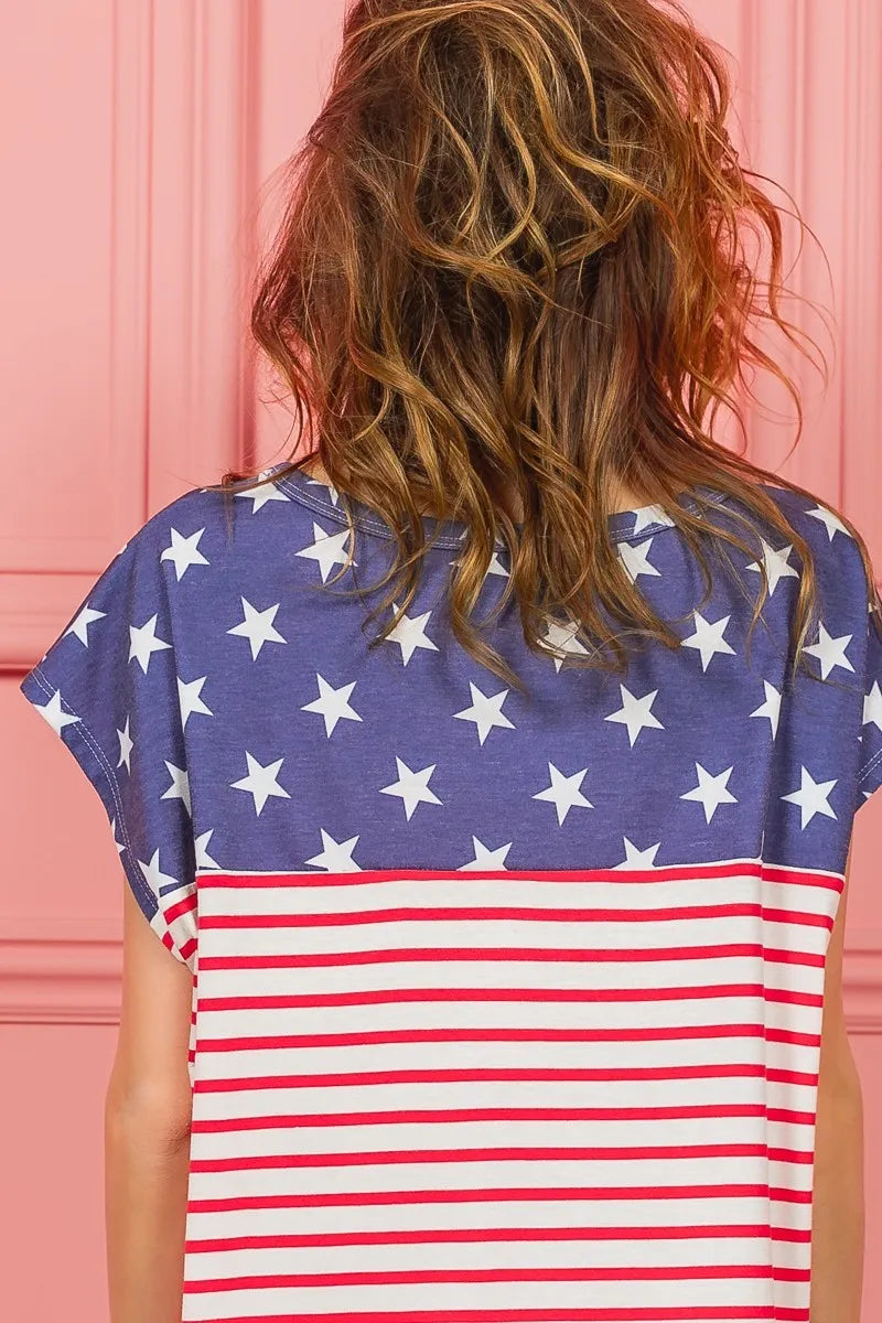 Back view of navy star-and-stripe printed top with short sleeves
