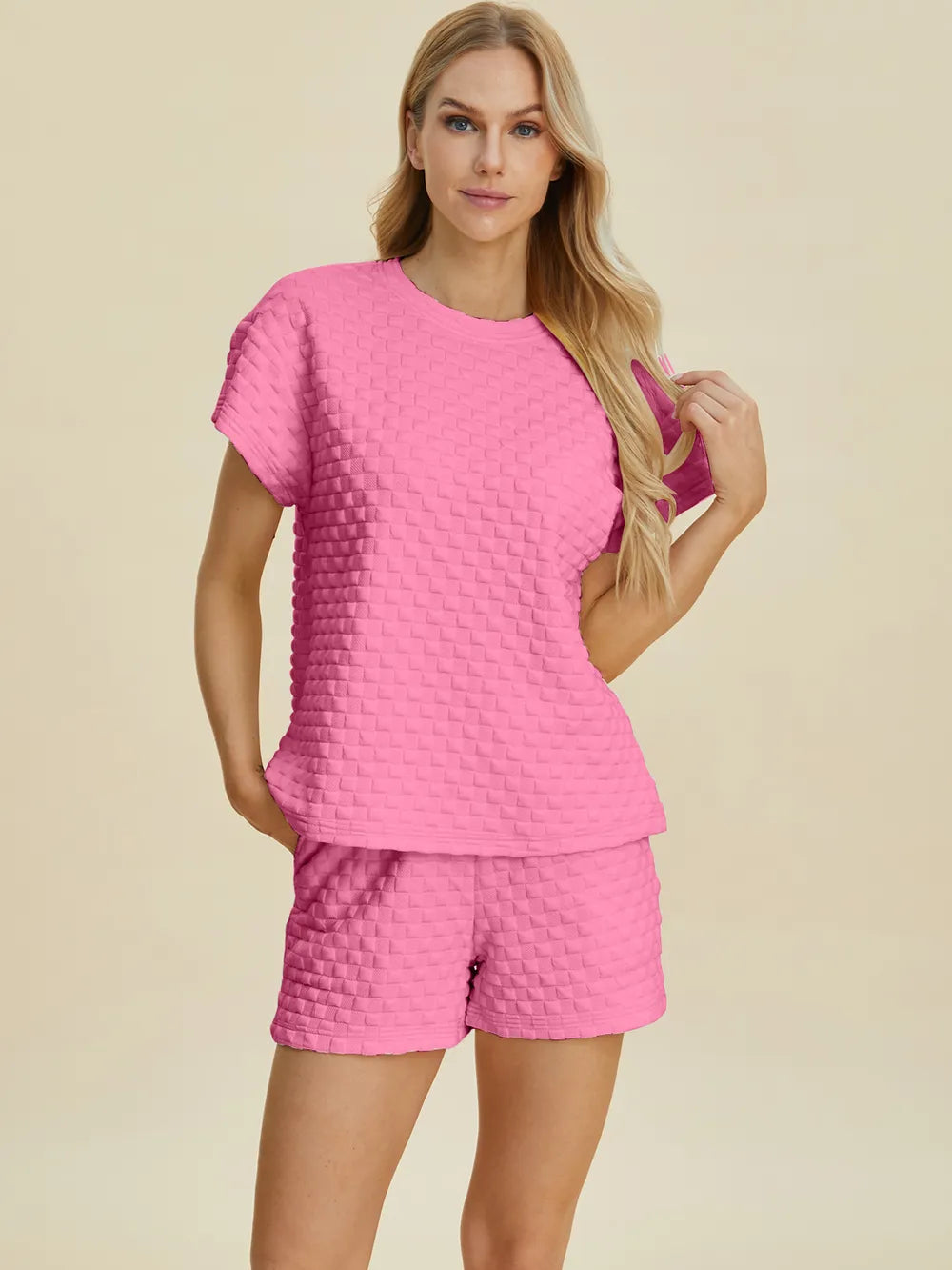 Pink textured T-shirt and shorts set, crew neck tee with cuffed sleeves and drawstring shorts