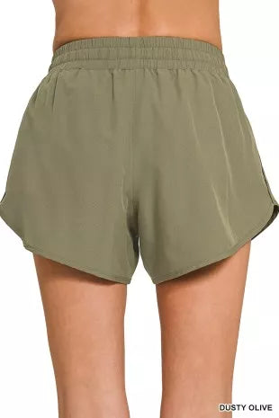 Zenana dusty olive lined shorts with elastic waistband and drawstring, relaxed leg