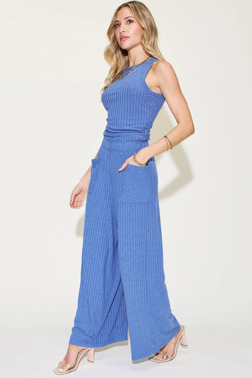Blue ribbed sleeveless tank and wide-leg pants set with draped waist