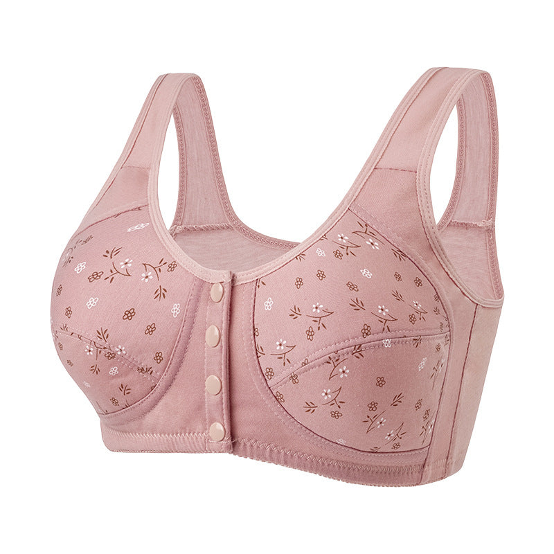 Printed wireless bra with wide straps, front button closure, light pink floral pattern