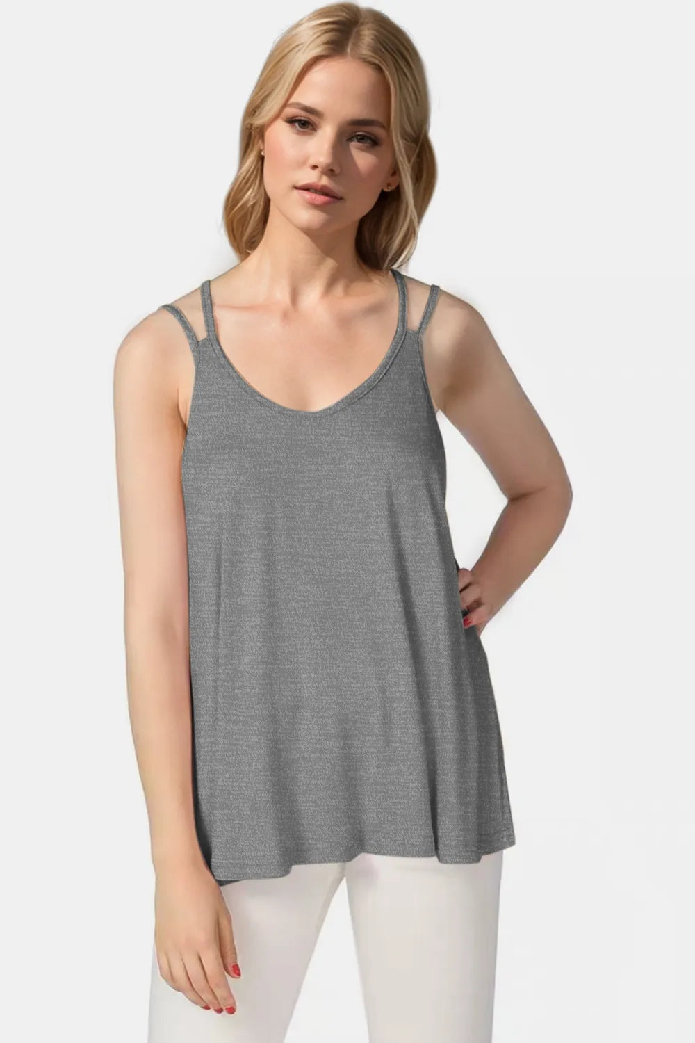 Bamboo scoop neck cami in dark gray with double spaghetti straps—front view