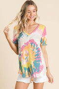 BiBi V-neck tie-dye top, yellow-orange with pink, teal, and blue splashes; short sleeves