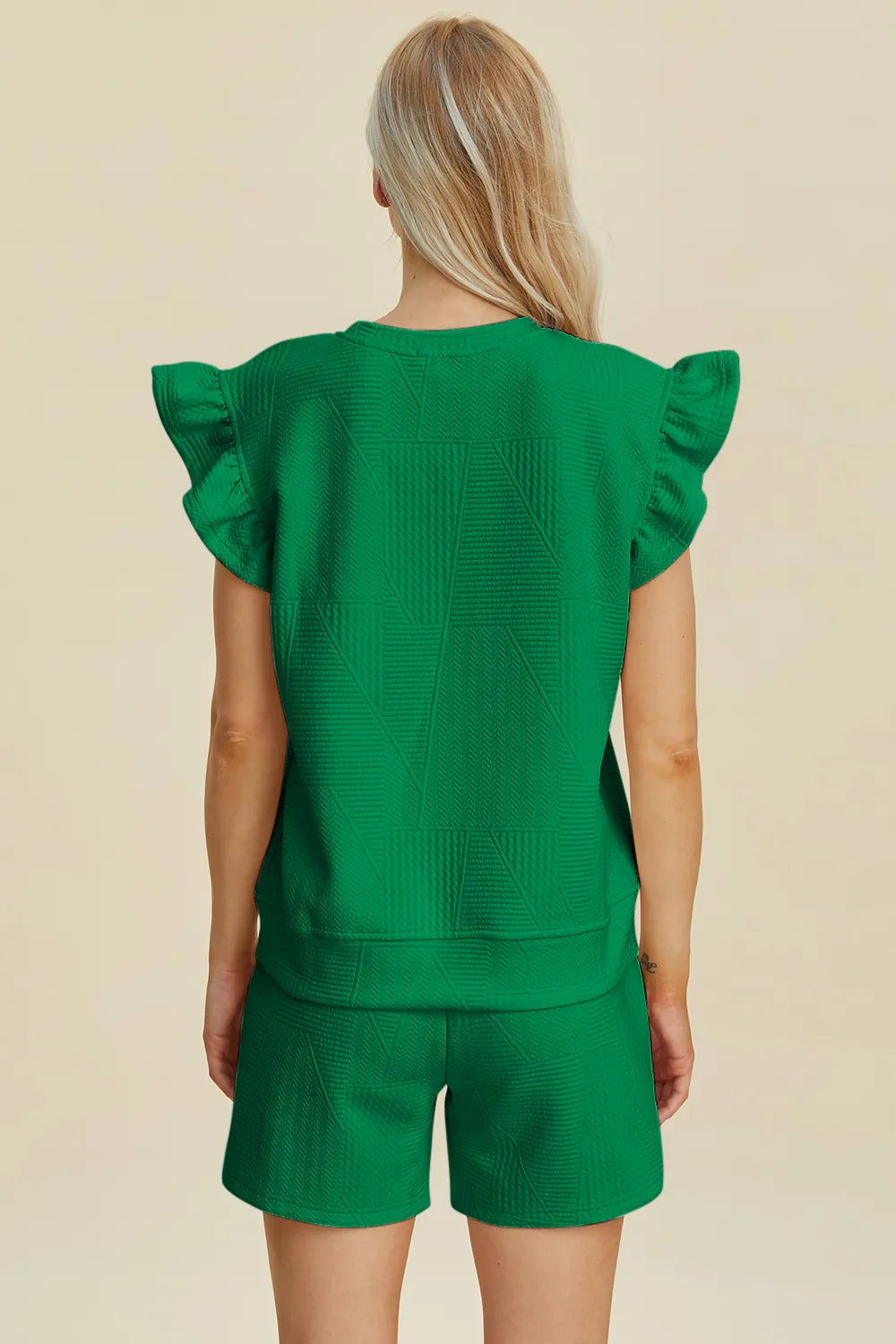 Dark green textured back view: ruffle sleeves top and matching shorts