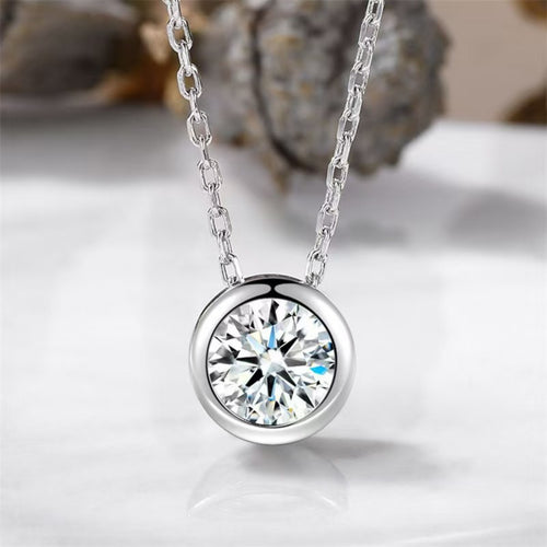 1-carat style round moissanite pendant with prong-style settings, silver chain