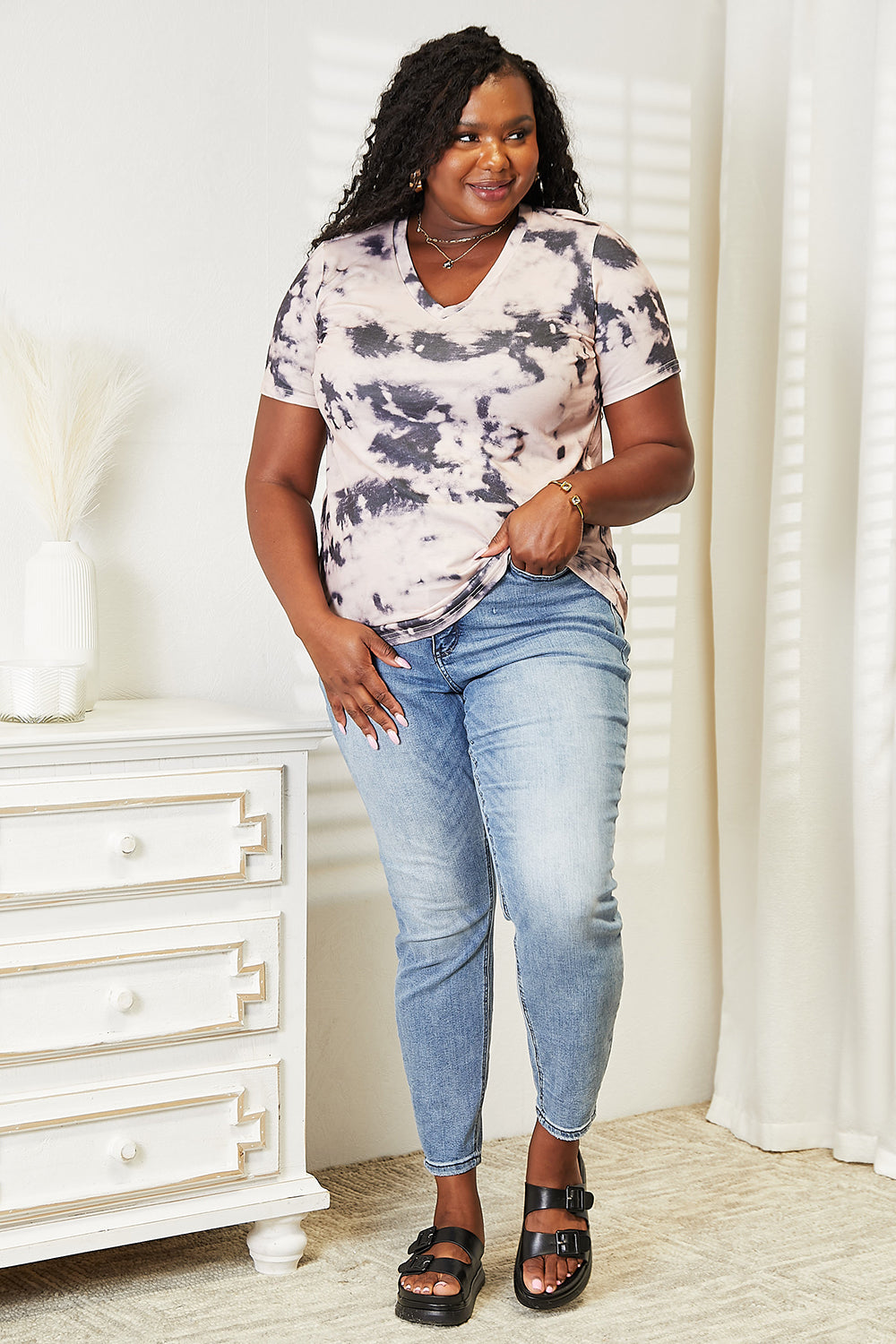 Double Take tie-dye V-neck T-shirt, full-body view with dark tie-dye swirls