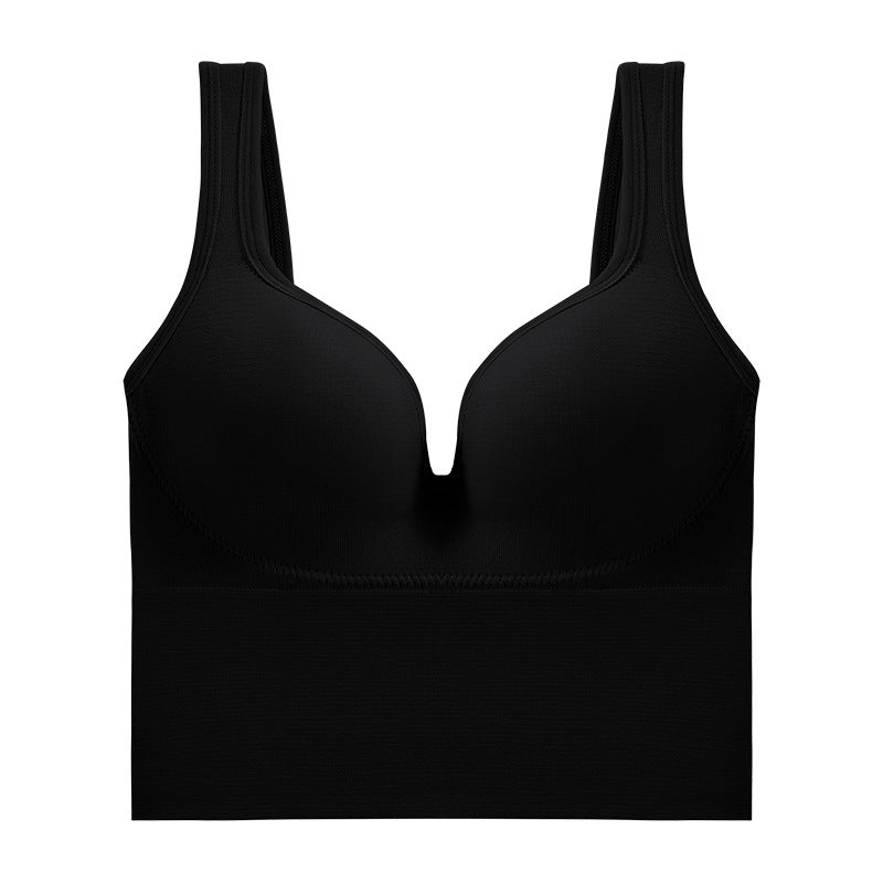 Black soft support sports bra with thick straps and molded cups