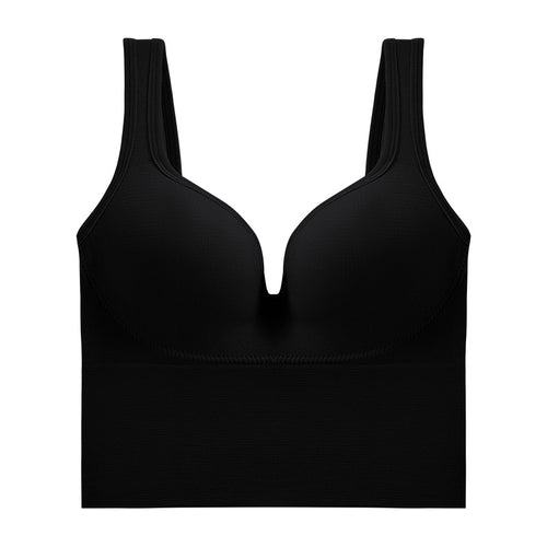 Black soft support sports bra with thick straps and molded cups