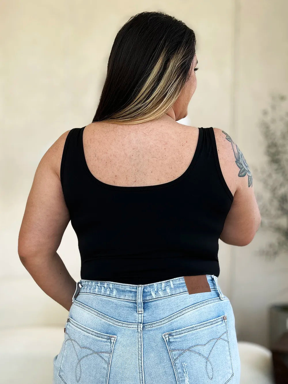 Square-neck sleeveless bodysuit, black, scoop back