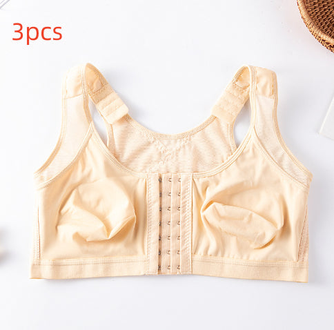 Front-closure sports bra in light beige with hook-and-bar fastening at center front