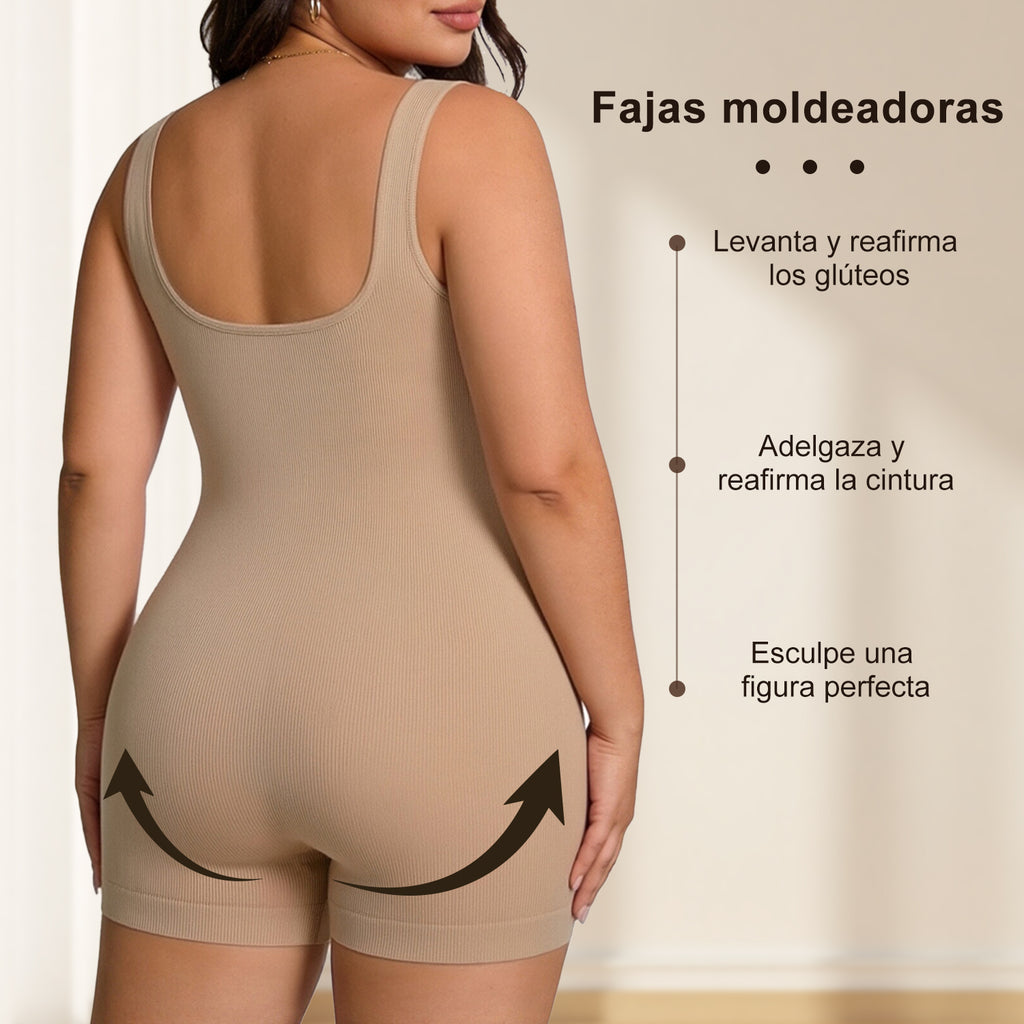 Beige womens compression waist trainer bodysuit in back view with scoop neckline and shorts