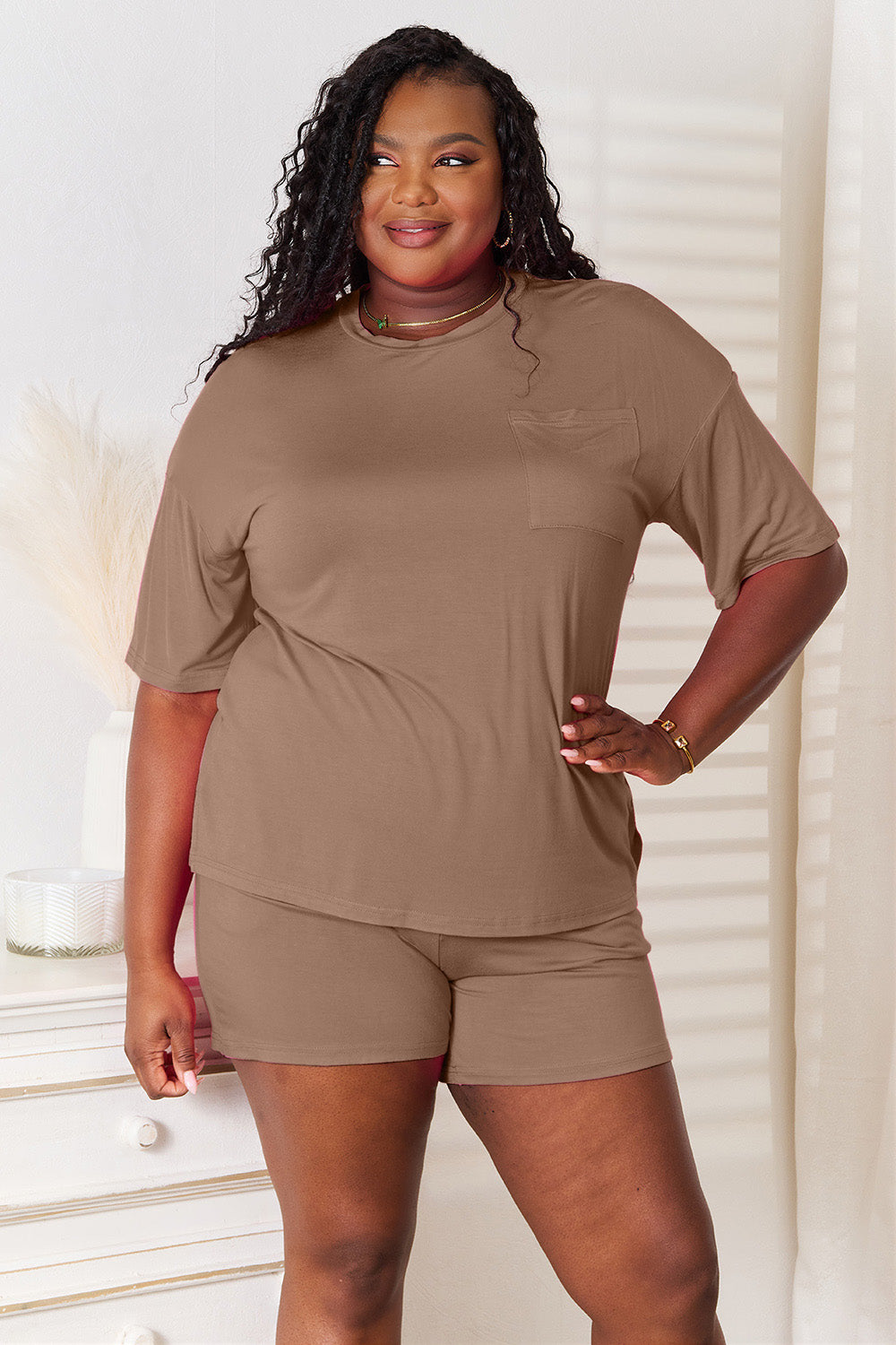 Brown rayon top and shorts set, front view with pocket detail on crewneck top