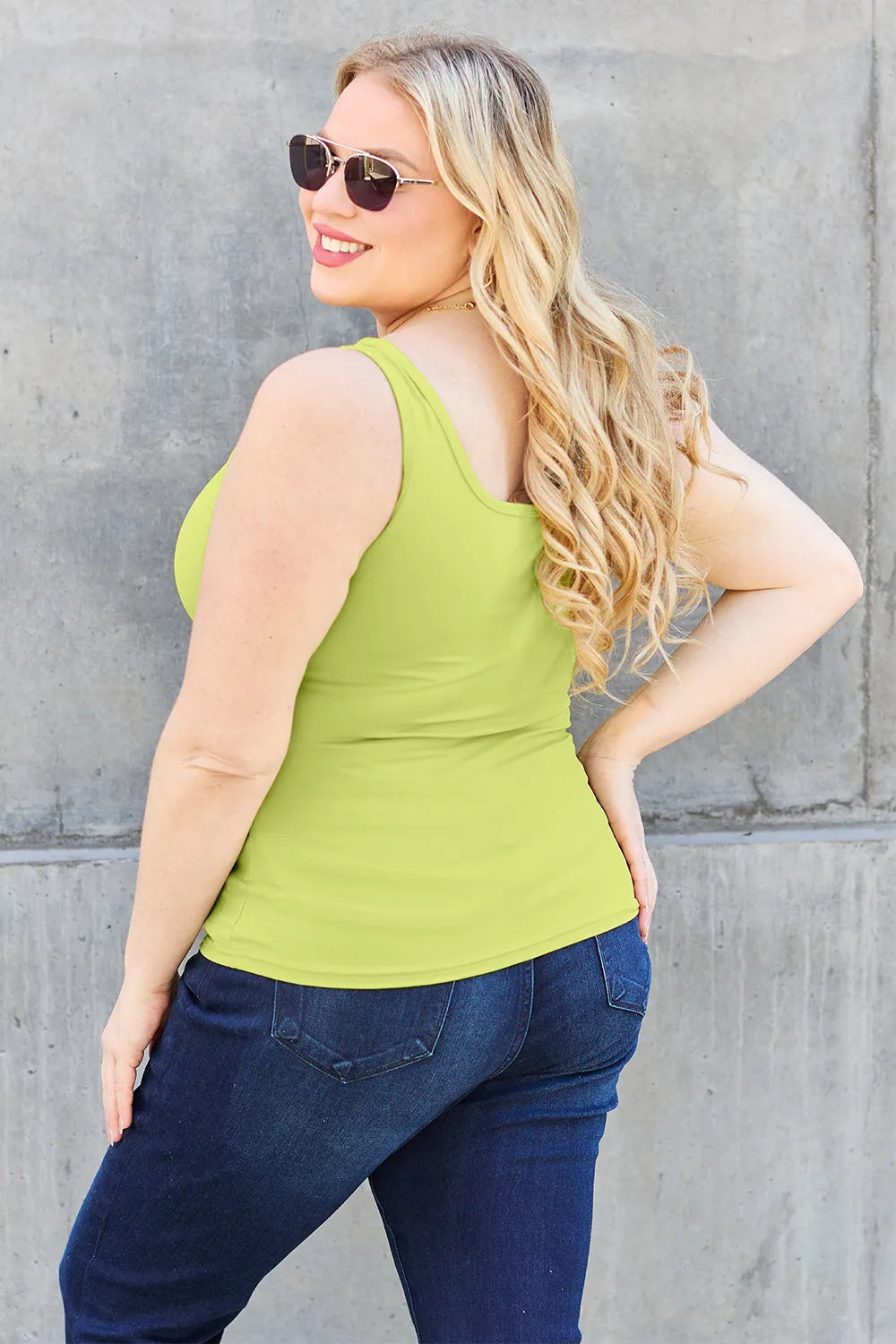 Light green square-neck tank top, wide straps, side profile fit