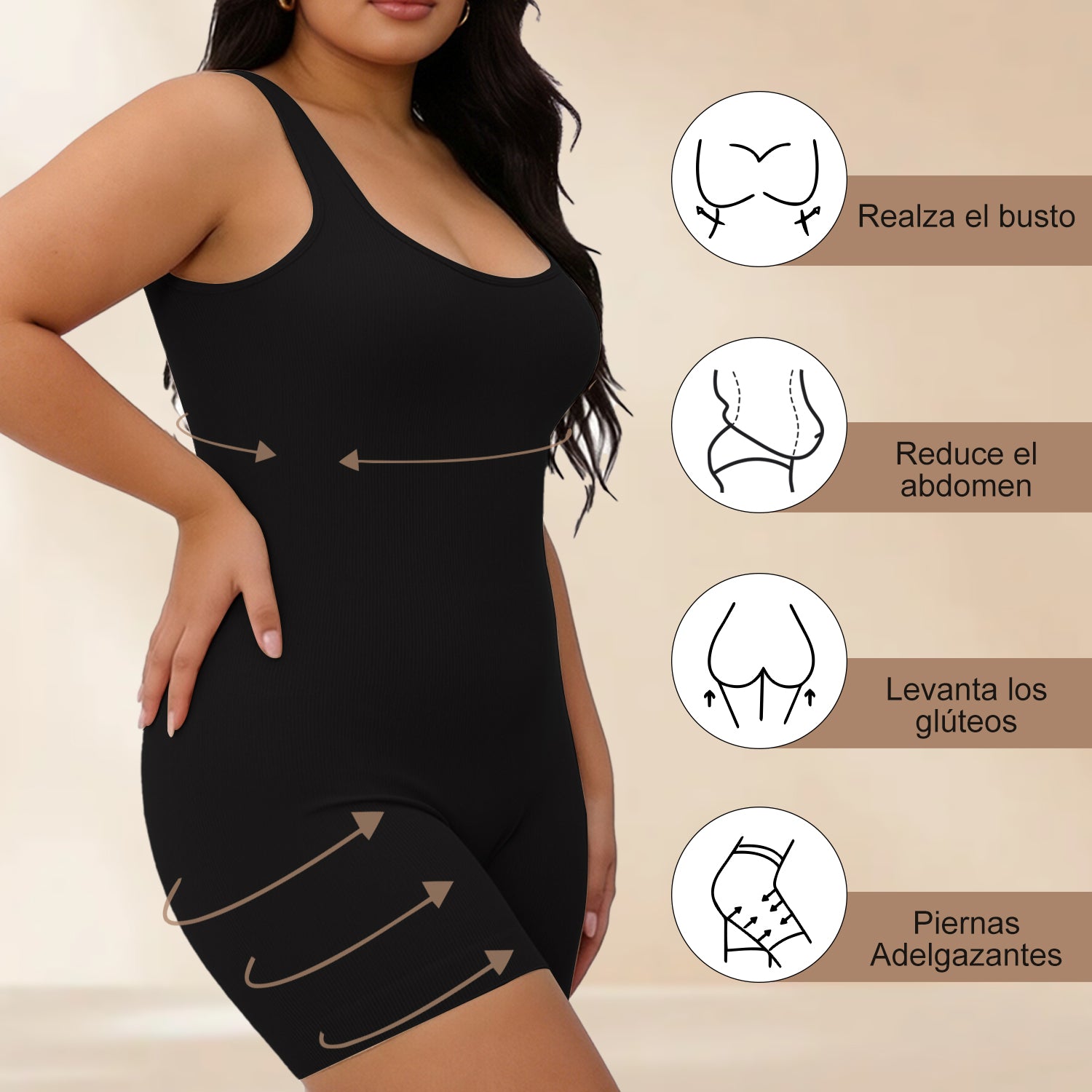 Black womens compression waist trainer bodysuit with scoop neckline and short legs