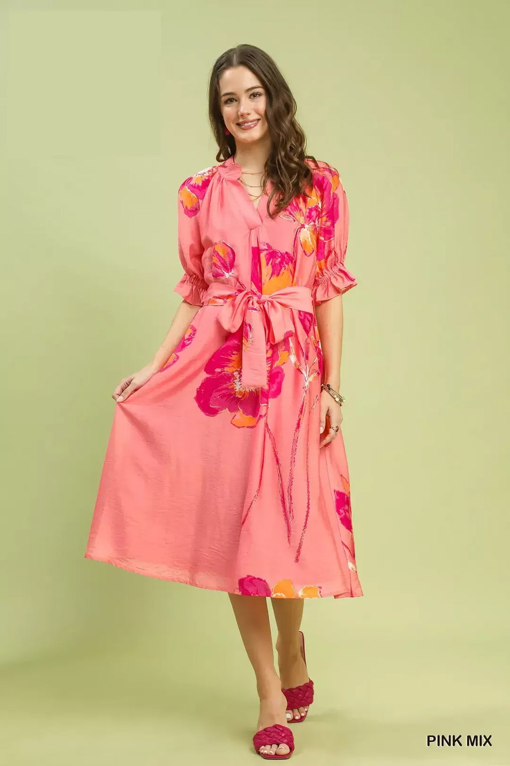 Umgee pink midi dress with colorful floral print, waist tie belt and gathered skirt