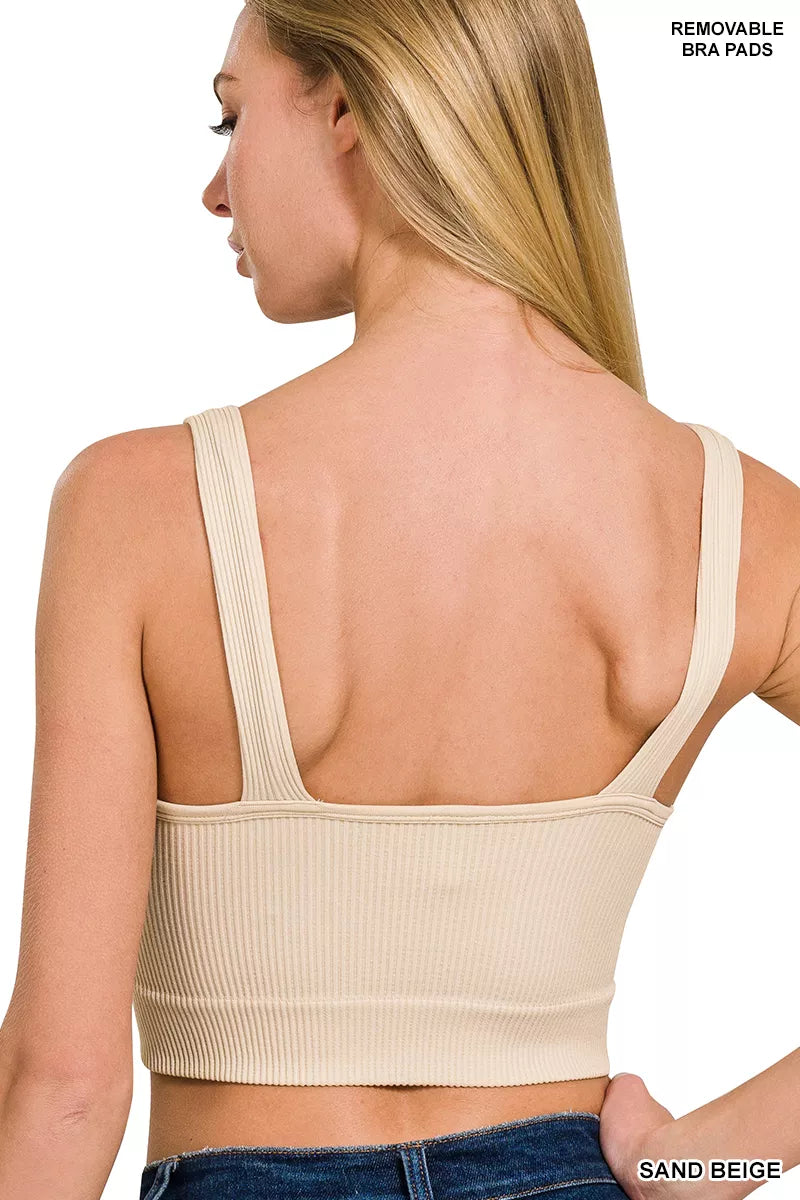 Sand beige ribbed seamless cropped bra tank with back scoop, removable padded cups