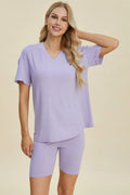 Lavender ribbed V-neck short-sleeve top and biker shorts set, angled front view