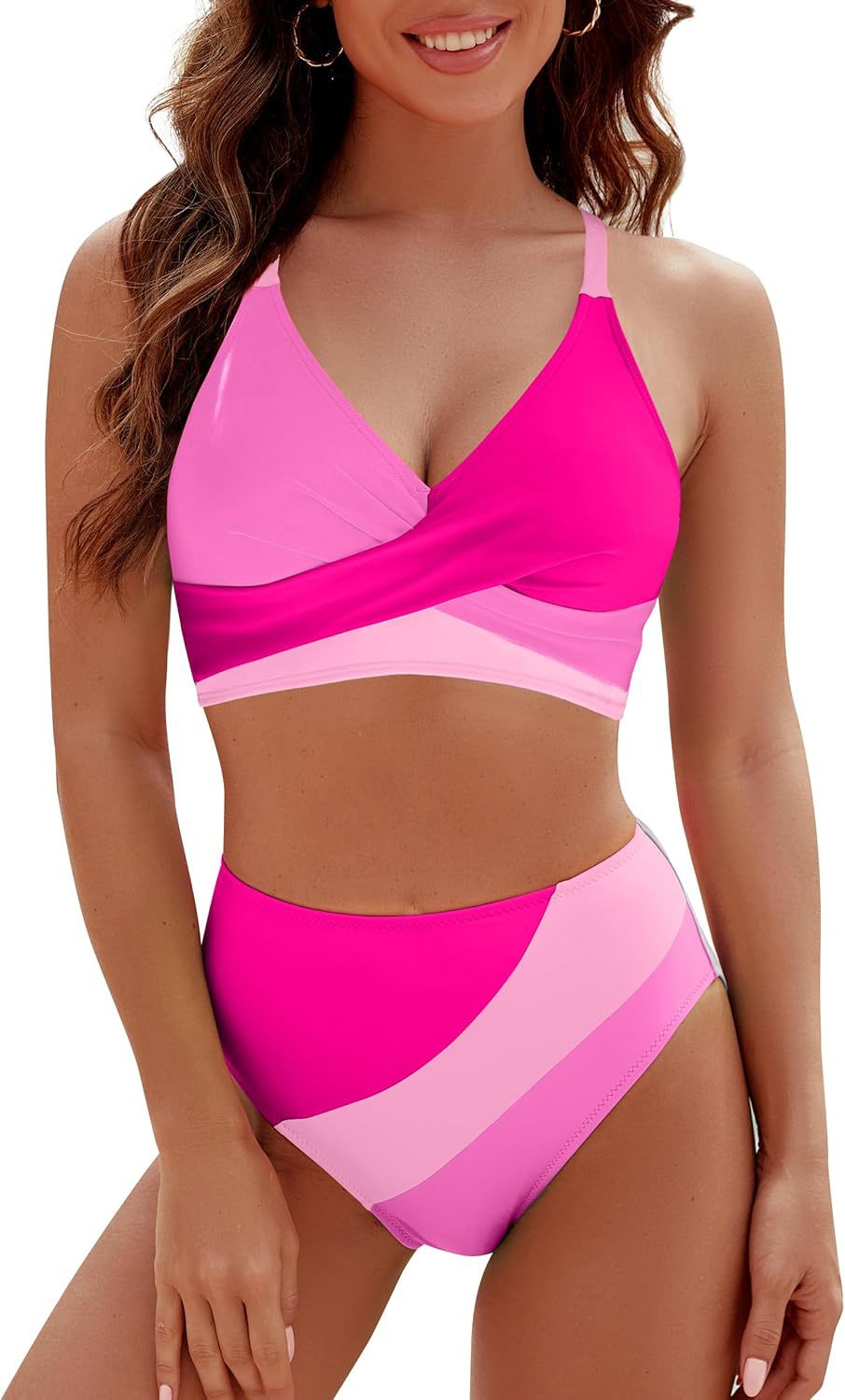 Pink colorblock cross-strap bralette and high-waist bikini bottom set