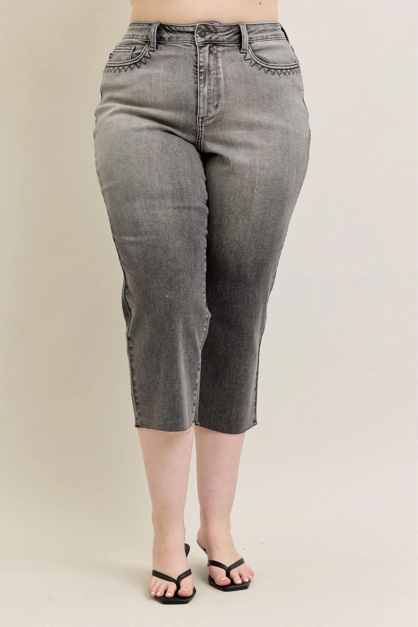 Gray wide-leg capri jeans, front view, embroidered waistband, button fly