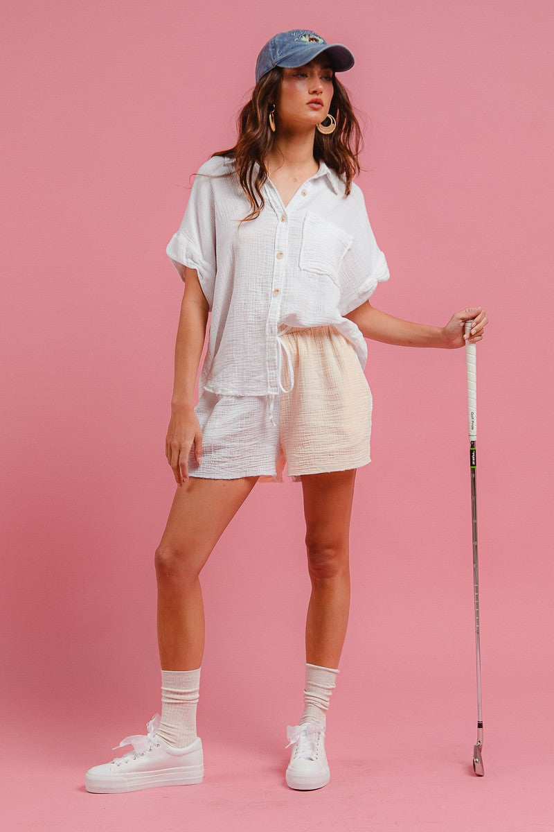 Off-white wrinkled gauze top and shorts set, chest pocket shirt with matching drawstring waist