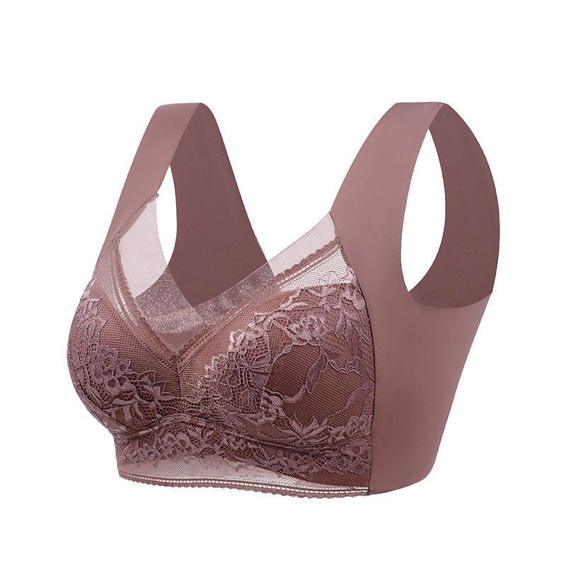 Lace wireless push-up bra in mauve with floral lace cups and scalloped lace trim