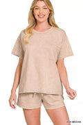 ASH MOCHA relaxed French terry tee with chest pocket and acid-washed texture
