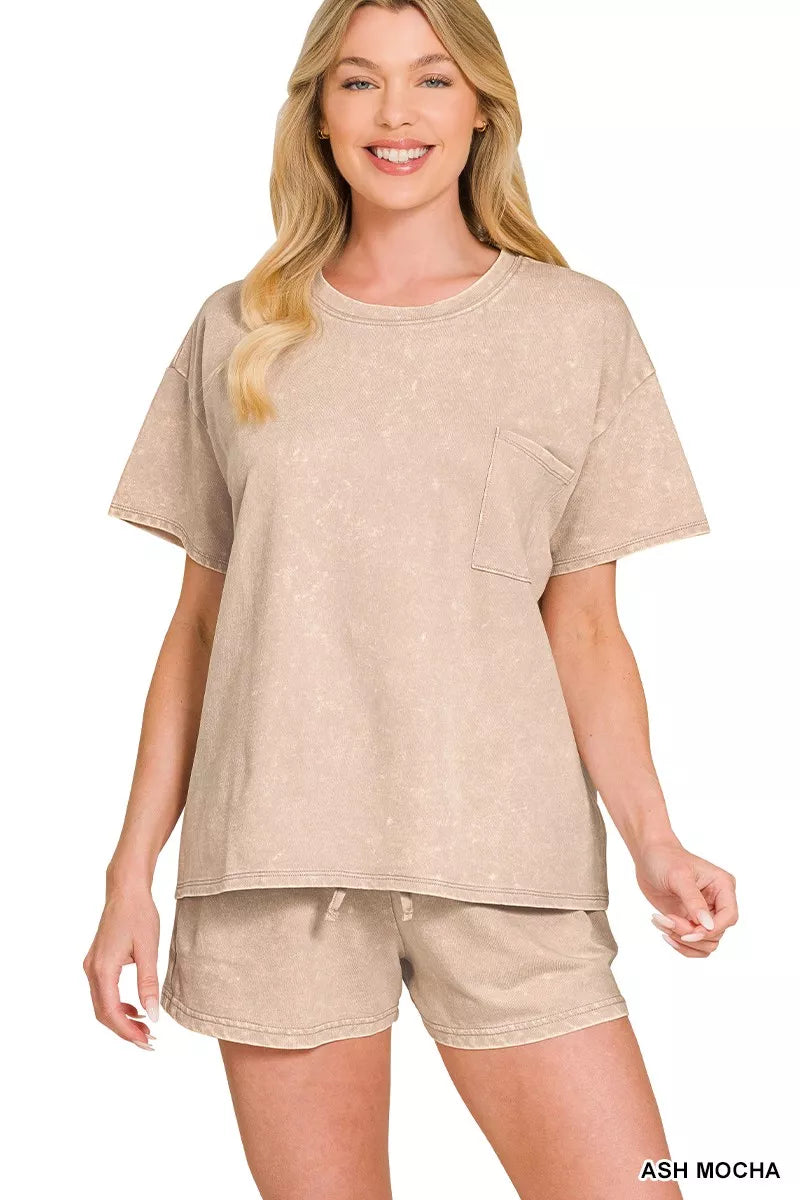 ASH MOCHA relaxed French terry tee with chest pocket and acid-washed texture