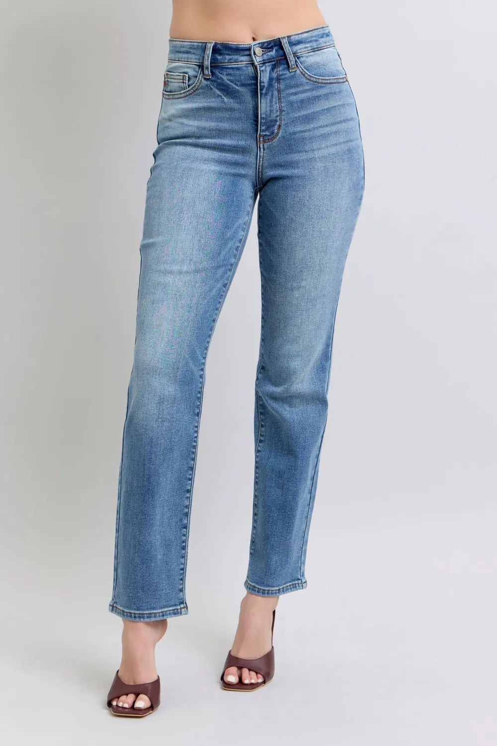 Medium-wash vintage straight jeans with thermal finish, full-size fit, belt loops