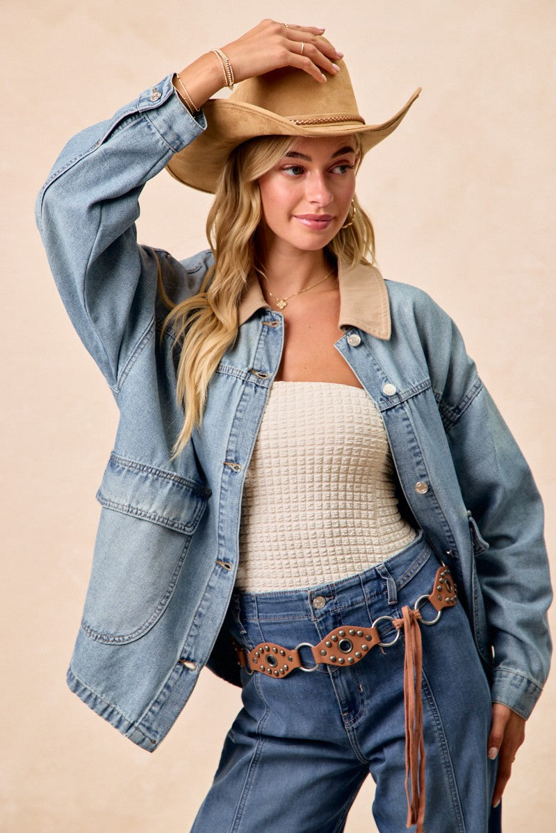 Light blue washed denim jacket, contrast tan collar, oversized cuffed sleeves