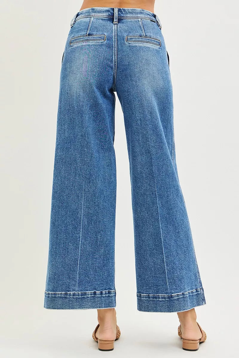 Slouchy ankle wide jeans back view, dark blue denim with rear pockets and yoke seam