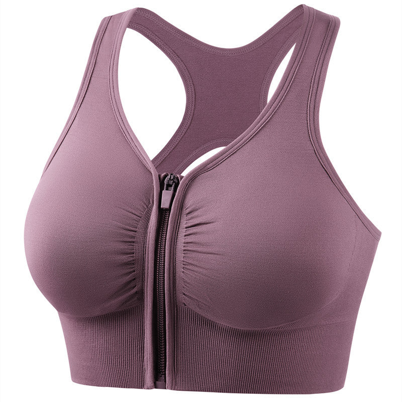 Plus size sports bra with zip front, racerback cutout, mauve/purple color