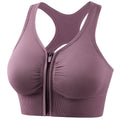 Plus size sports bra with zip front, racerback cutout, mauve/purple color