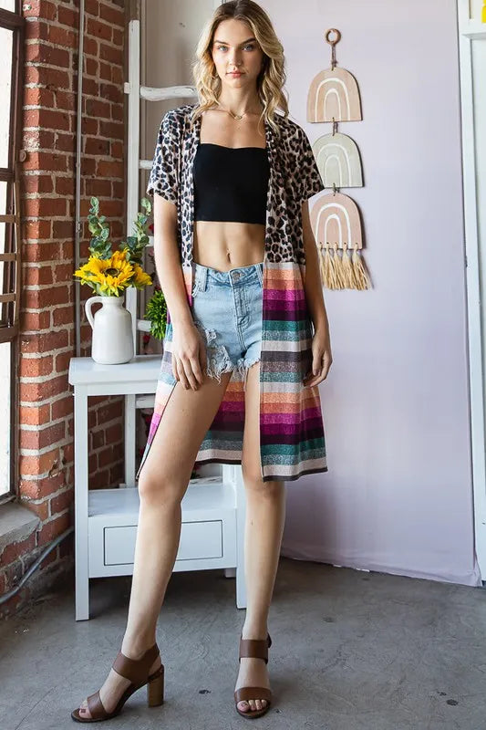 Brown multi open cardigan with leopard print and multicolor striped hem