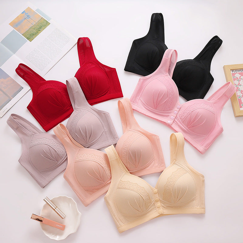Front-button wireless bra set with multiple colors, lace cup panels and button front