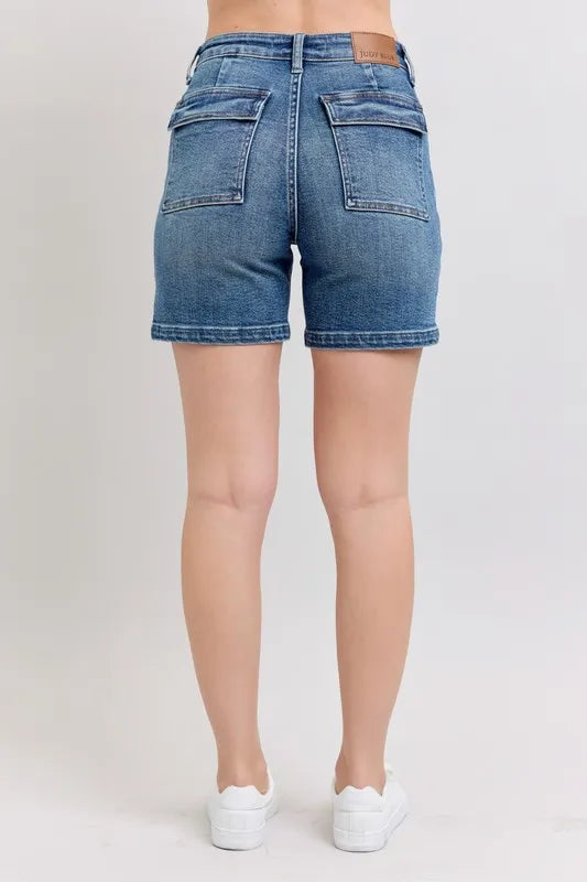 High Rise Denim Shorts Plus Size, Medium wash, back view with two patch pockets